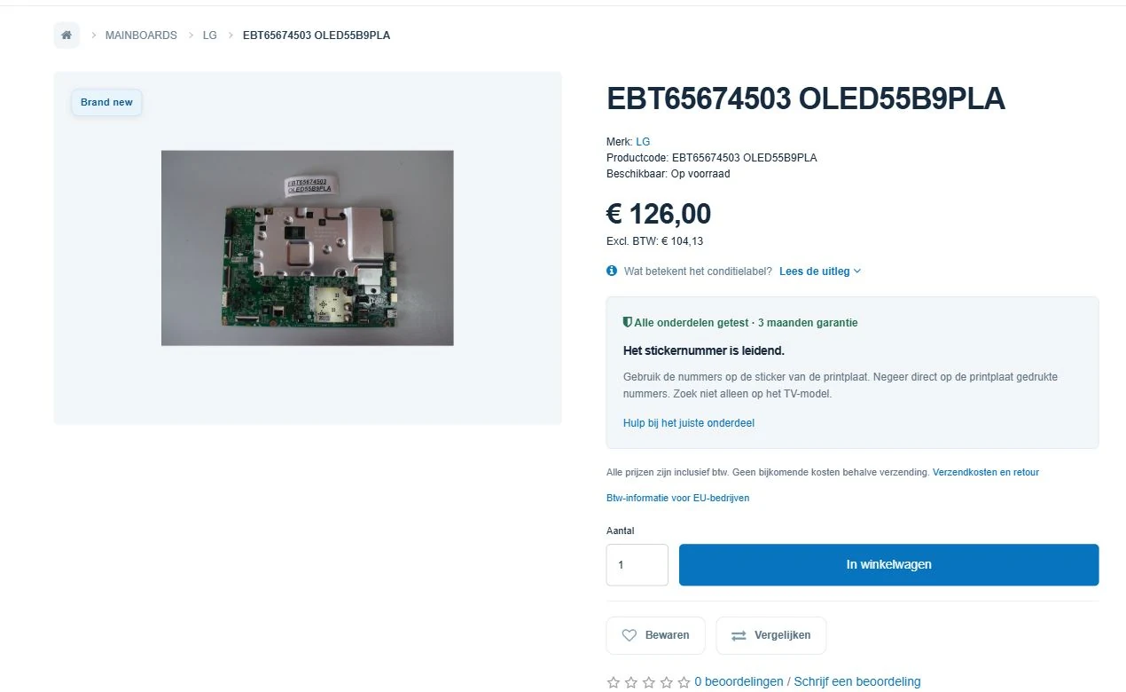 Productpagina van een televisie-mainboard met code, conditie en bestelhulp
